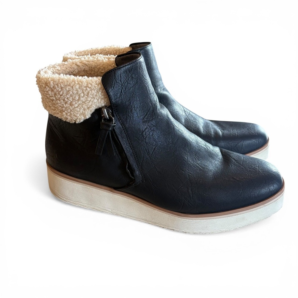 Dr. Scholls Black Faux Leather Shearling Trim Platform Women's 11‎ Ankle Boots